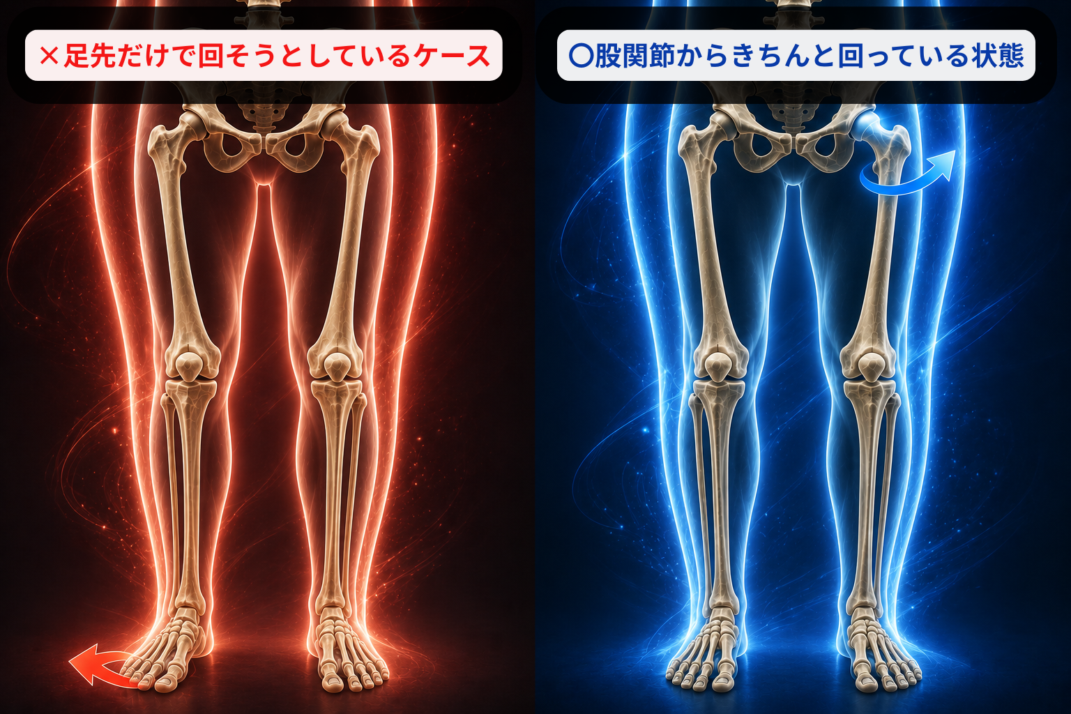 股関節の外旋：足先だけで回そうとしているケース（NG）と股関節からきちんと回っている状態（OK）の比較図