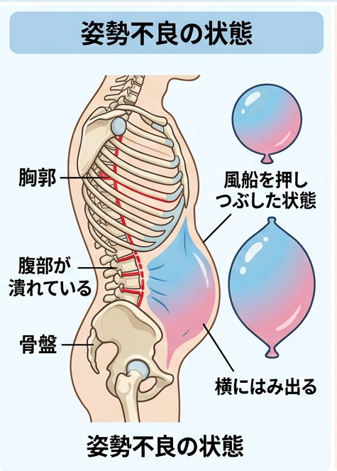 姿勢不良でお腹が潰れて前にはみ出るメカニズム