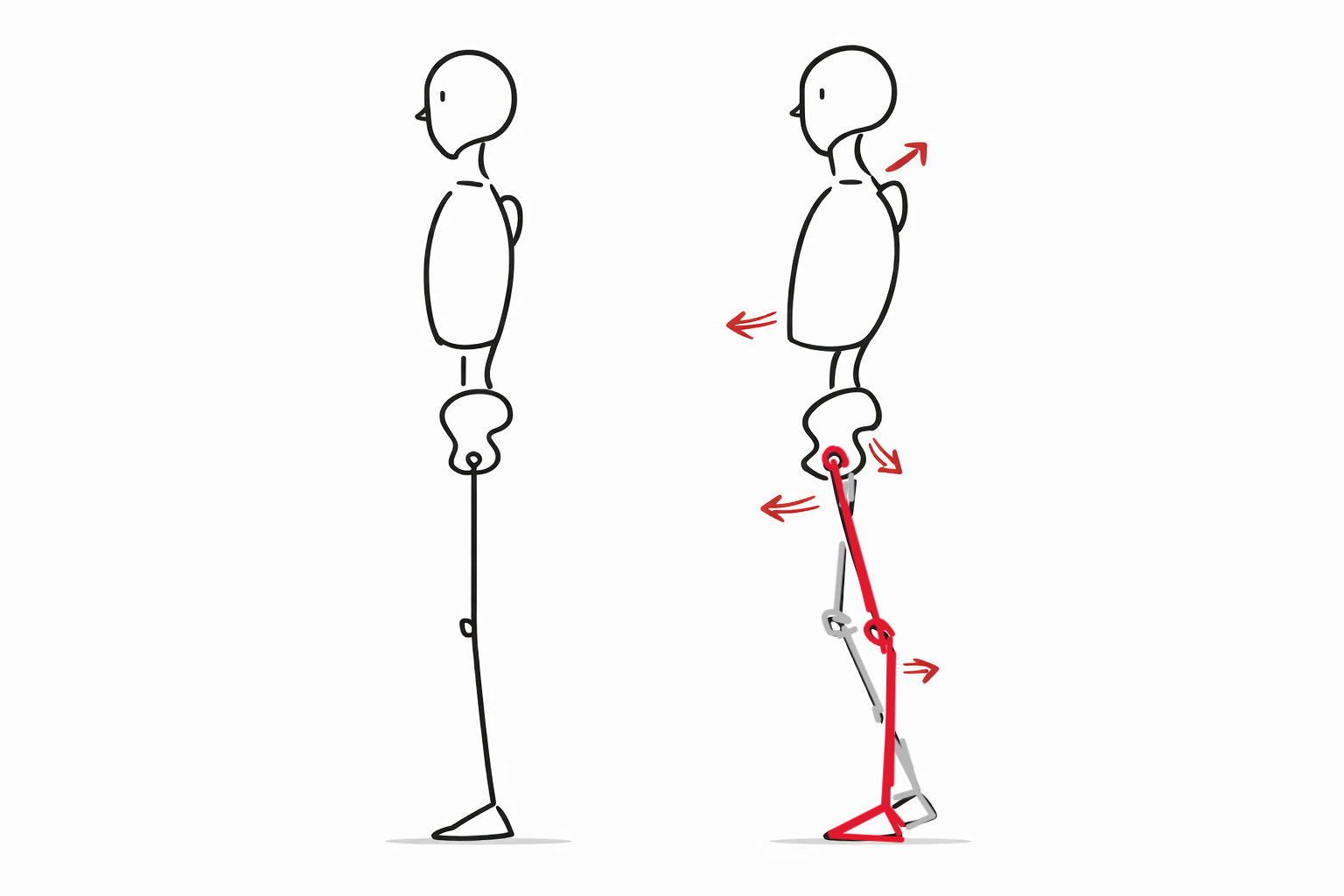 正しい姿勢と、骨盤後傾や反張膝によって膝へ負担がかかる姿勢の比較イラスト