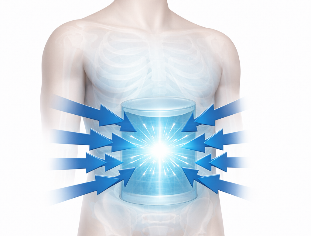 胴体の腹部を円筒状に示し、その周囲を取り囲むように複数の矢印が外側から内側へ向かっている図。腹筋・脇腹・背筋など全方向から締め付けることで体幹内部の圧力が均等に高まり、胴体が安定するイメージを表している。