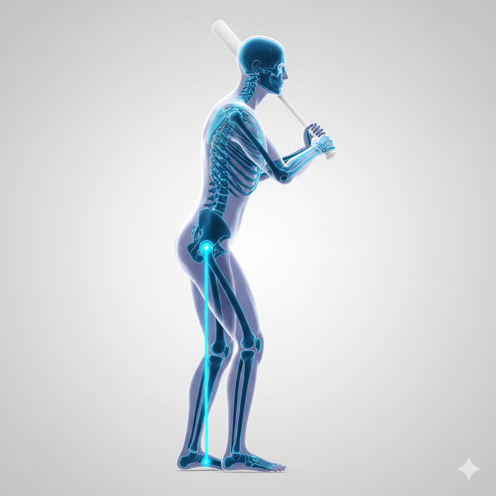 野球のバッティング指導：軸足の坐骨からカカトへ重力軸を垂直に通し、股関節を正しく使うための骨格図解