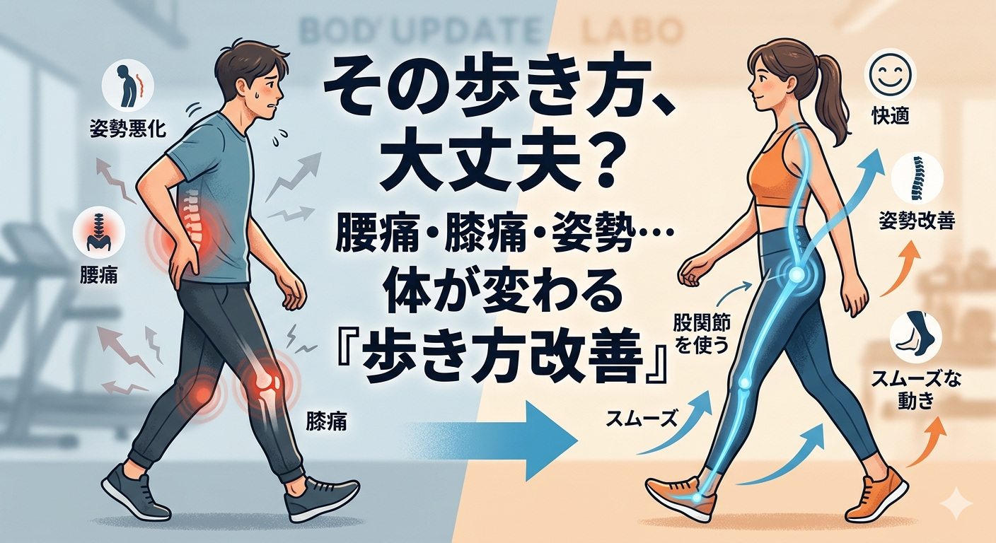 歩き方の問題による腰痛・膝痛・姿勢悪化と、股関節を使った歩き方改善後のスムーズな動きを比較したビフォーアフター図解。