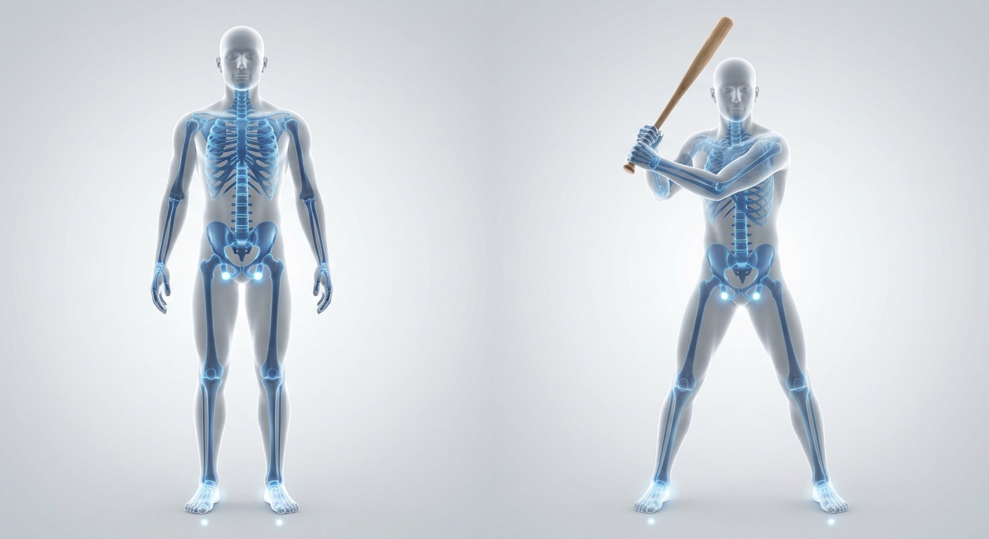バッティングの構えで坐骨に体重を預ける感覚を示す骨格イラスト、直立時と構え時の比較