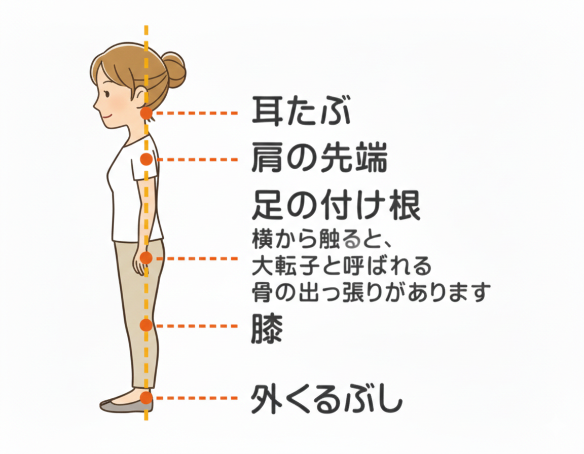 姿勢改善の指標となる、耳たぶからくるぶしまでが一直線に並んだ正しい姿勢の女性の横向きイラスト